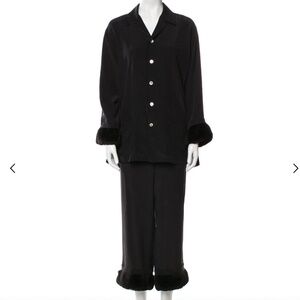 Olivia von Halle 100% Silk Black Faux Fur Trim Pajamas Size S